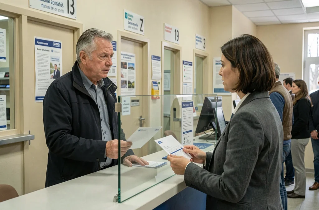 Homme retraité à un guichet de La Poste tenant une enveloppe officielle concernant sa pension d'invalidité en retard