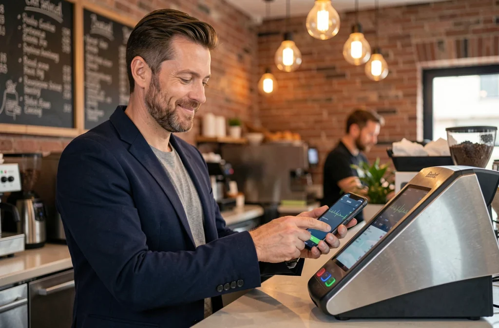 Homme effectuant un paiement sans contact avec un stablecoin via smartphone dans un café urbain moderne