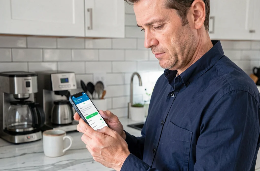 Homme paramétrant les notifications bancaires par mail et SMS sur son smartphone depuis son application de compte en ligne