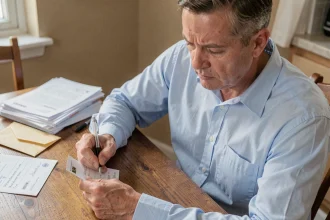 Un homme remplit un chèque à la table de sa cuisine lors d'un paiement entre particuliers