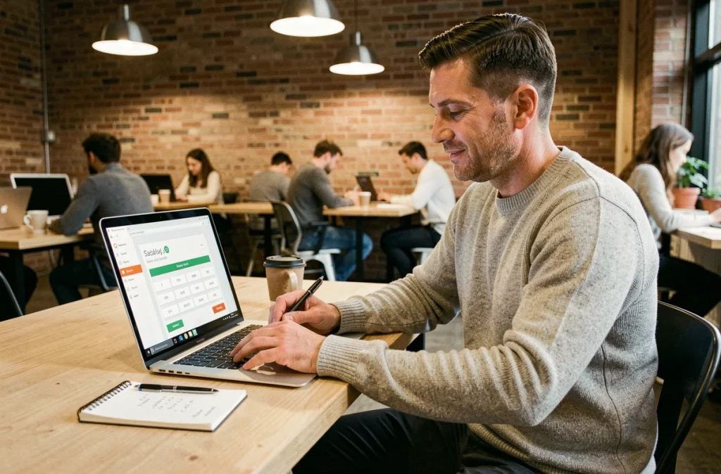 Homme utilisant un simulateur de solde de tout compte en ligne dans un espace de coworking avec notepad et café