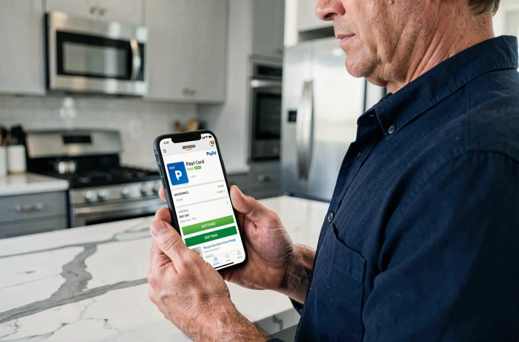 Homme utilisant son smartphone pour payer sur Amazon avec une carte-cadeau PayPal lors du processus de paiement