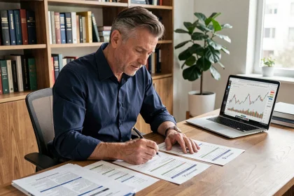 Investisseur particulier analysant des relevés de dividendes dans un bureau à domicile moderne