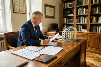 Investisseur immobilier consultant des documents fiscaux dans un bureau de notaire parisien pour un investissement locatif en France