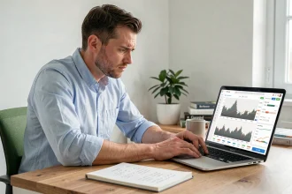 Jeune investisseur frustré devant un écran affichant des données de portefeuille ETF, assis à un bureau à domicile moderne