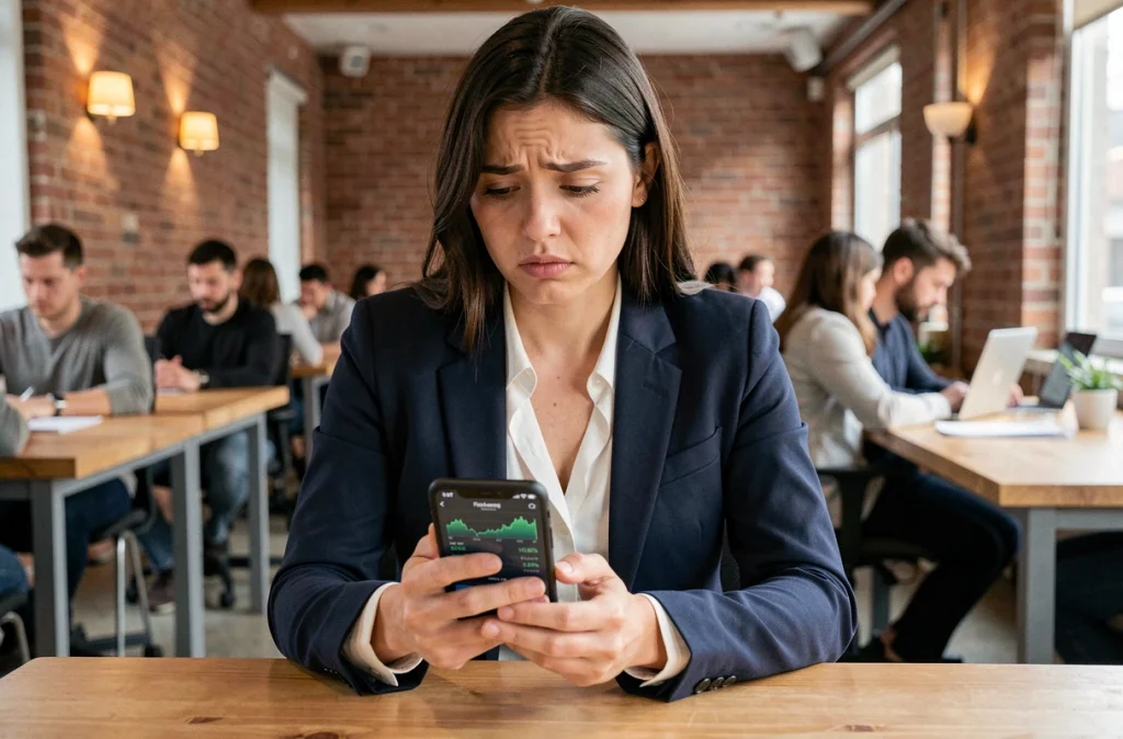 Jeune investisseuse perplexe consultant une application financière avec des graphiques ETF dans un espace de coworking