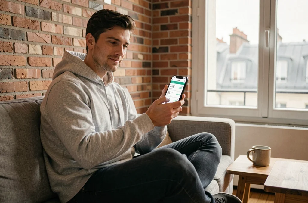 Un jeune épargnant parisien consultant son application de staking crypto sur smartphone dans son appartement