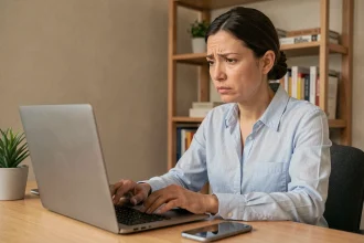 Femme en train de récupérer son mot de passe oublié sur le site Crédit Agricole Nord Est depuis son bureau à domicile