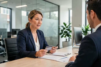 Une femme discute avec un conseiller bancaire Crédit Agricole pour une opposition sur sa carte bancaire en 2026