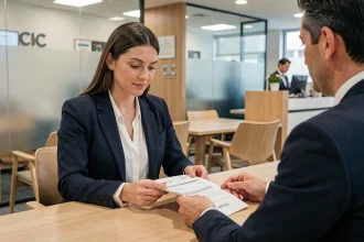 Femme ouvrant un compte bancaire CIC avec un conseiller dans une agence moderne