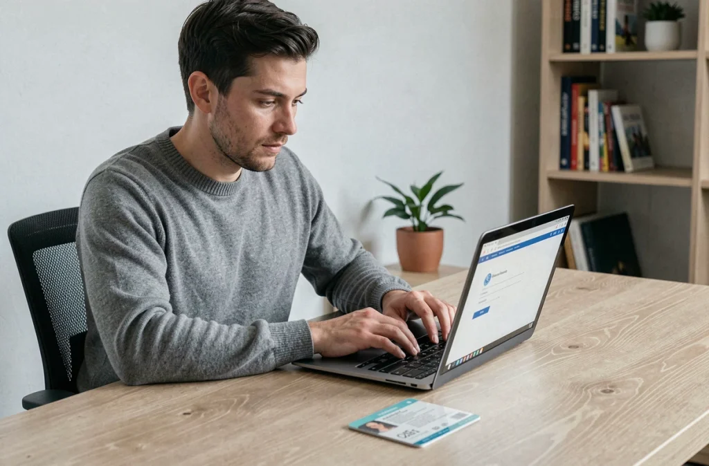 Homme ouvrant un compte CIC en ligne depuis son bureau à domicile avec ses documents
