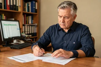 Un homme d'une cinquantaine d'années examine des documents fiscaux liés au rachat d'une rente d'accident du travail à son bureau à domicile
