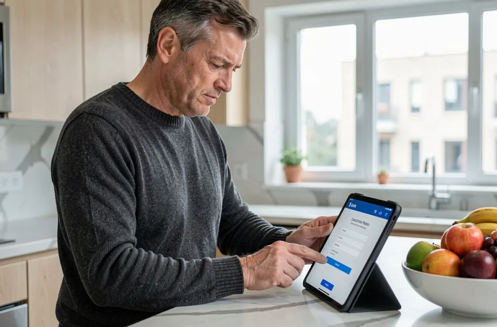 Homme consultant sa tablette pour réinitialiser son mot de passe de compte en ligne Crédit Agricole Nord Est dans une cuisine moderne