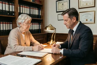 Une femme âgée et un notaire examinent un contrat de viager dans un bureau notarial traditionnel