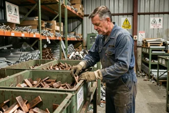 Ouvrier triant des pièces en bronze dans un centre de recyclage de métaux, avec des bacs étiquetés et des étagères industrielles en arrière-plan