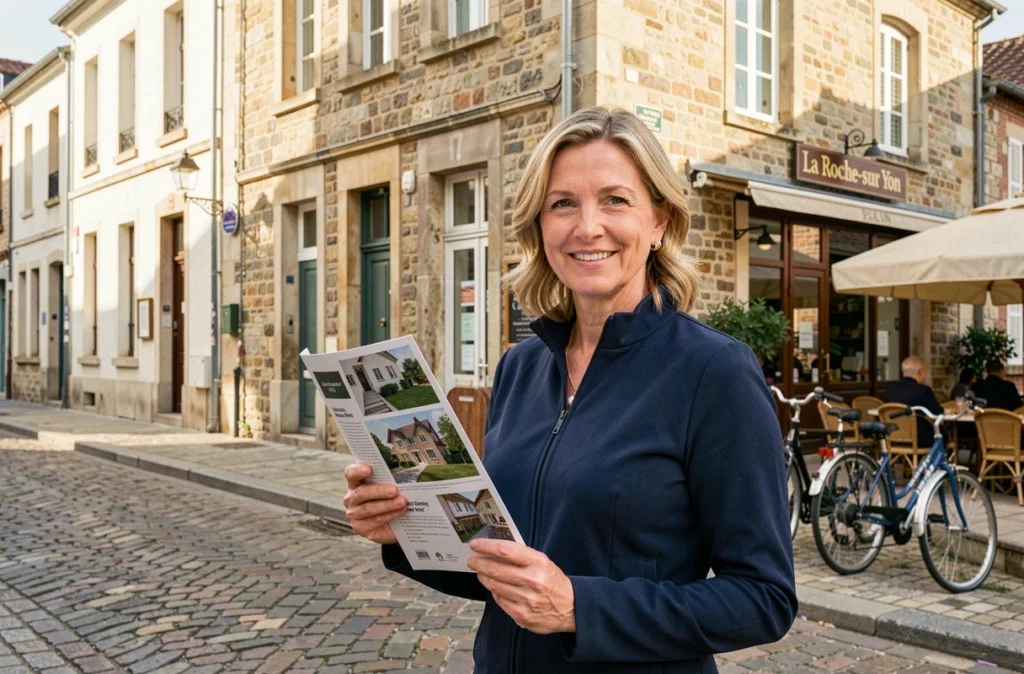 Agente immobilière devant un bâtiment en pierre dans le centre-ville de La Roche-sur-Yon tenant une brochure immobilière