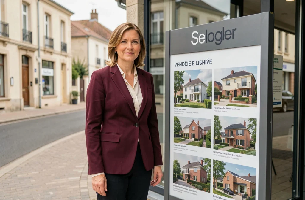 Agente immobilière de l'agence SeLoger Vendée debout devant un panneau d'annonces de propriétés locales en vitrine