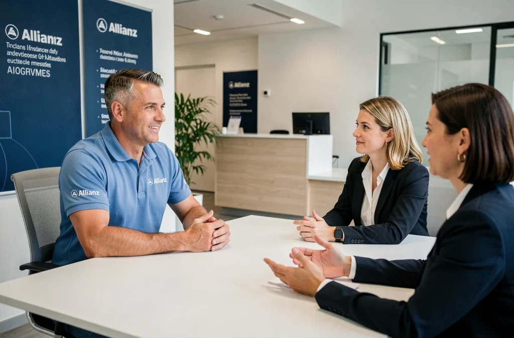Conseiller Allianz LG Candero en entretien avec des clients dans une agence moderne et épurée