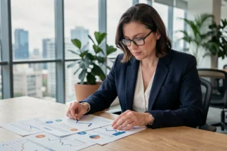 Femme cadre analysant un document financier avec des graphiques de rendement SCPI sur un bureau en bois dans un bureau moderne