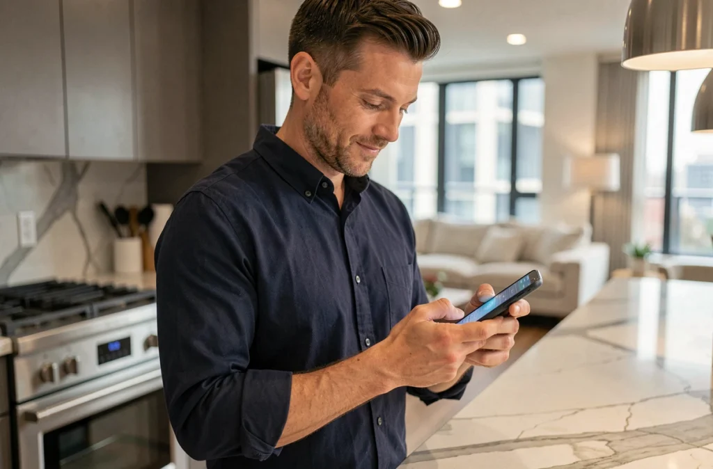 Homme utilisant une application bancaire mobile dans sa cuisine pour effectuer des opérations en ligne