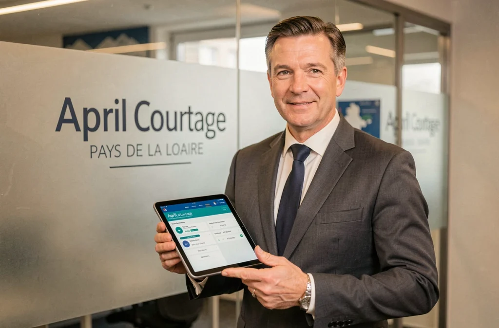 Courtier April Courtage du réseau Pays de la Loire présentant les solutions du réseau sur une tablette en agence