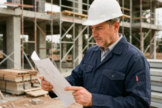 Artisan du bâtiment consultant un contrat d'assurance décennale sur un chantier de construction