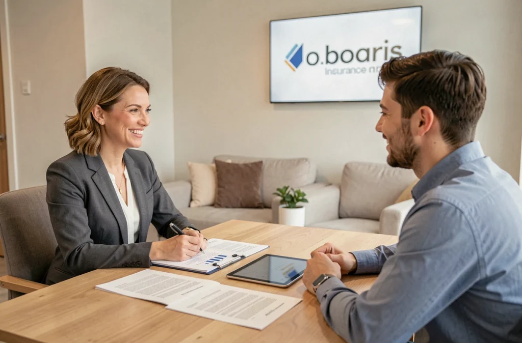 Conseillère d'Assuréo Courtage guidant un couple de clients dans le choix de leur assurance en agence moderne