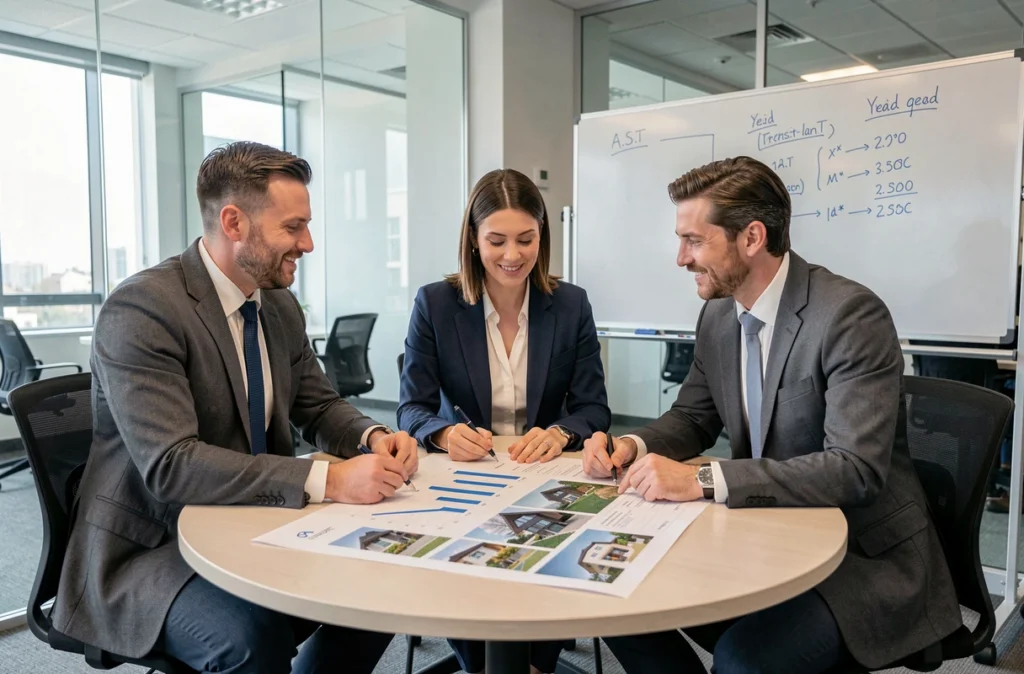 Équipe de conseillers d'A.S.T. Groupe analysant un portefeuille d'investissement locatif lors d'une réunion de travail