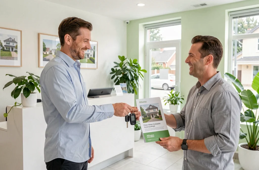 Conseiller d'Athome Immobilier remettant des clés et un dossier locatif à un nouveau propriétaire dans une agence moderne