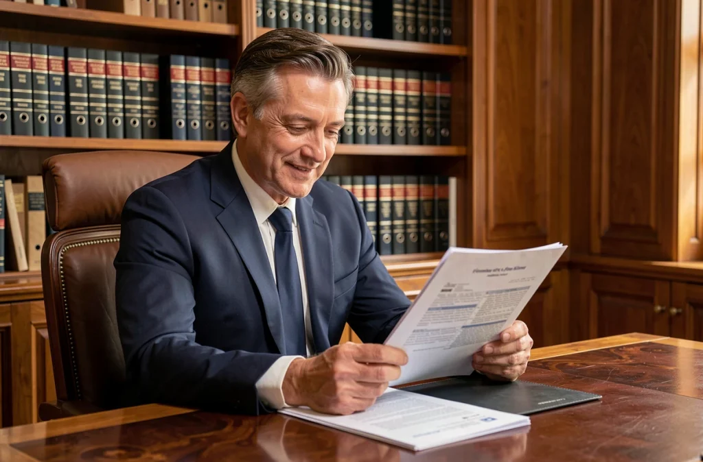 Professionnel du cabinet Bertrand Marie en consultation dans un bureau classique élégant à l'ambiance chaleureuse
