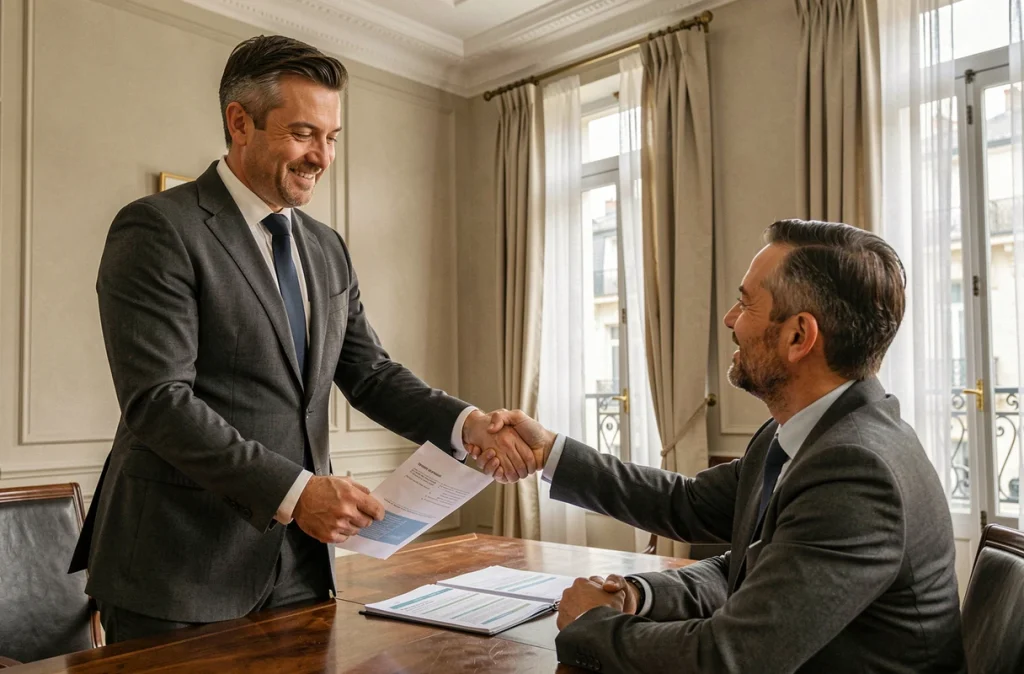 Courtier du cabinet Emmanuel Parmentier présentant des propositions d'assurance à un client dans un bureau élégant