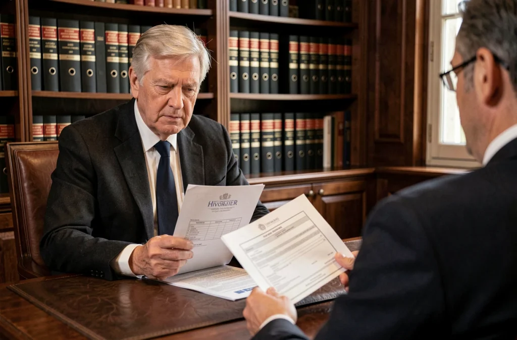 Conseiller du Cabinet Immobilier Hyvrard examinant un dossier d'investissement locatif dans un bureau au décor traditionnel