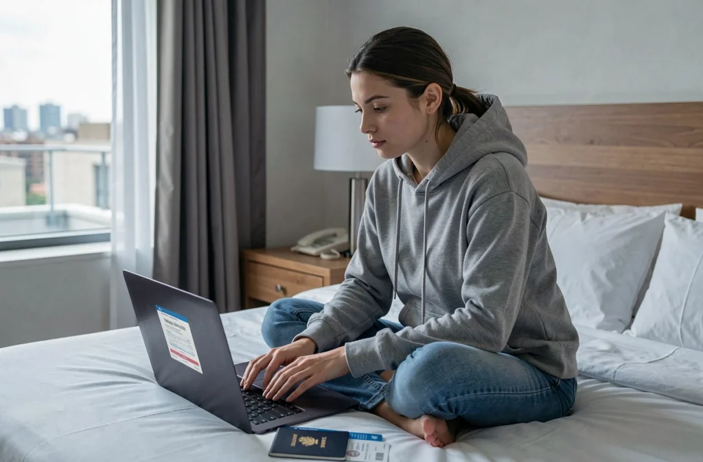 Jeune femme comparant des assurances voyage multirisques sur son ordinateur dans une chambre d'hôtel