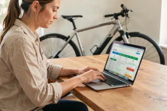 Femme comparant des offres d'assurance vélo électrique sur un ordinateur portable à la maison