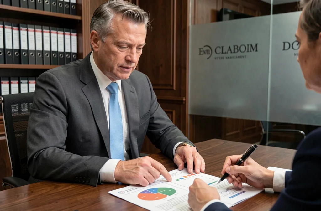 Conseiller financier présentant un prospectus SCPI à un client lors d'un rendez-vous en agence