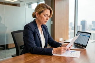 Conseillère financière analysant un contrat d'assurance vie Linxea Spirit avec des documents sur SCPI posés sur un bureau en bois