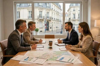 Conseiller en investissement locatif présentant des opportunités immobilières à des clients dans un bureau moderne de la Loire
