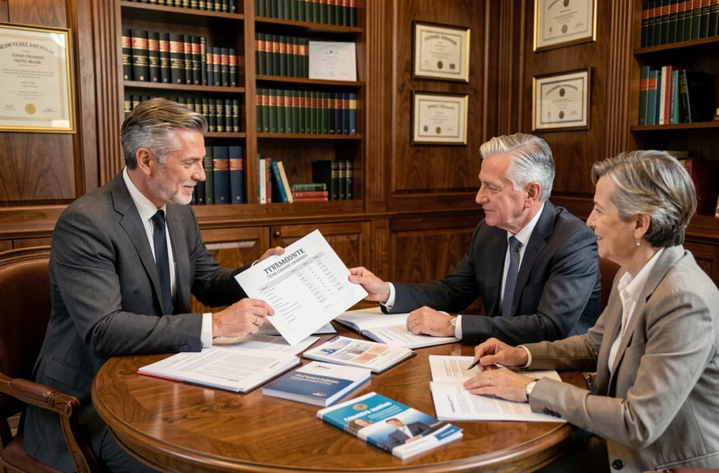 Conseiller Contalim Patrimoine examinant un portefeuille patrimonial avec un couple dans un bureau élégant aux boiseries traditionnelles