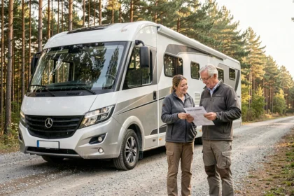 Couple de campeurs devant leur camping-car en train de comparer des offres d'assurance