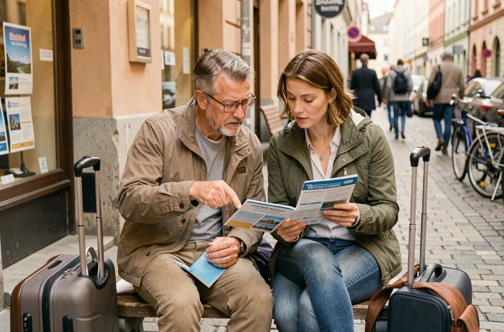 Couple lisant une brochure d'assurance voyage multirisques devant une agence de voyage en ville