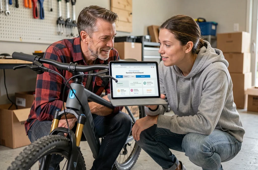 Couple comparant des assurances pour vélo électrique sur une tablette dans un garage