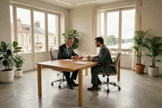 Courtier en assurance dans les Pays de la Loire conseillant un client dans un bureau moderne avec vue sur la région