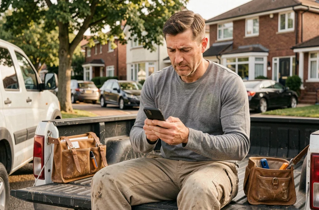 Couvreur indépendant recherchant un assureur décennale fiable depuis son smartphone près de son véhicule professionnel
