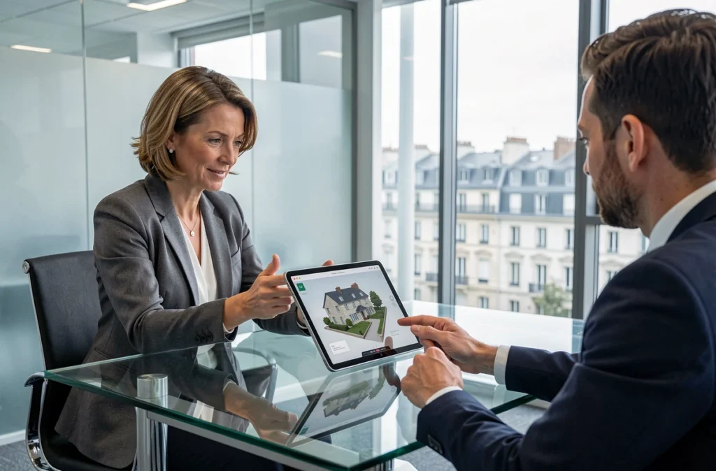 Conseillère de Domenjoud Immobilier SAS présentant une projection d'investissement locatif sur tablette à un client