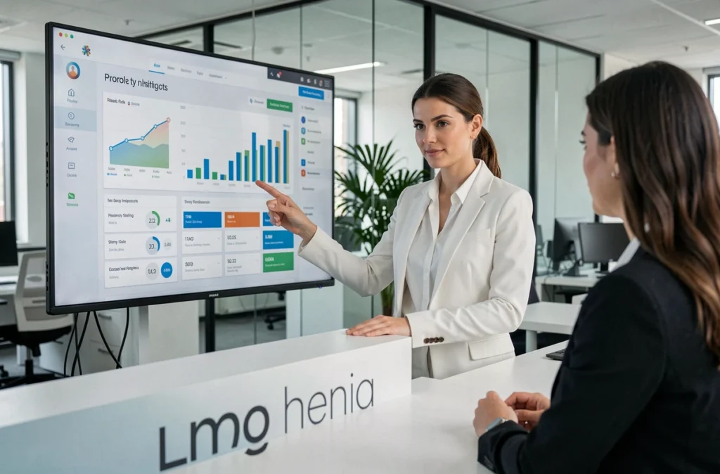 Conseillère d'Eleven Immo présentant un tableau de bord d'investissement immobilier sur écran à un client dans un bureau moderne