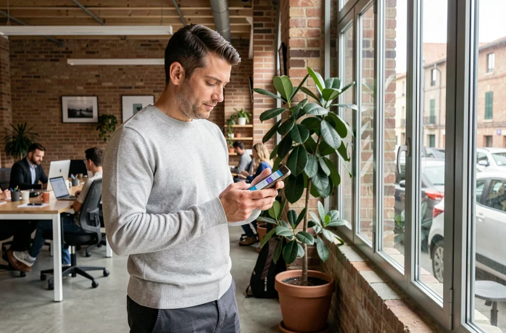 Entrepreneur gérant son compte professionnel en ligne dans un espace de coworking à Toulouse
