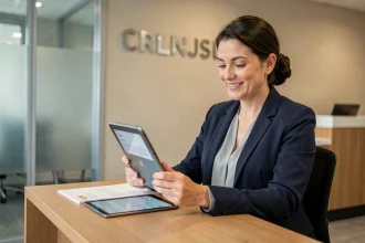 Entrepreneuse consultant son compte professionnel Crédit Agricole Nord Midi-Pyrénées en agence bancaire