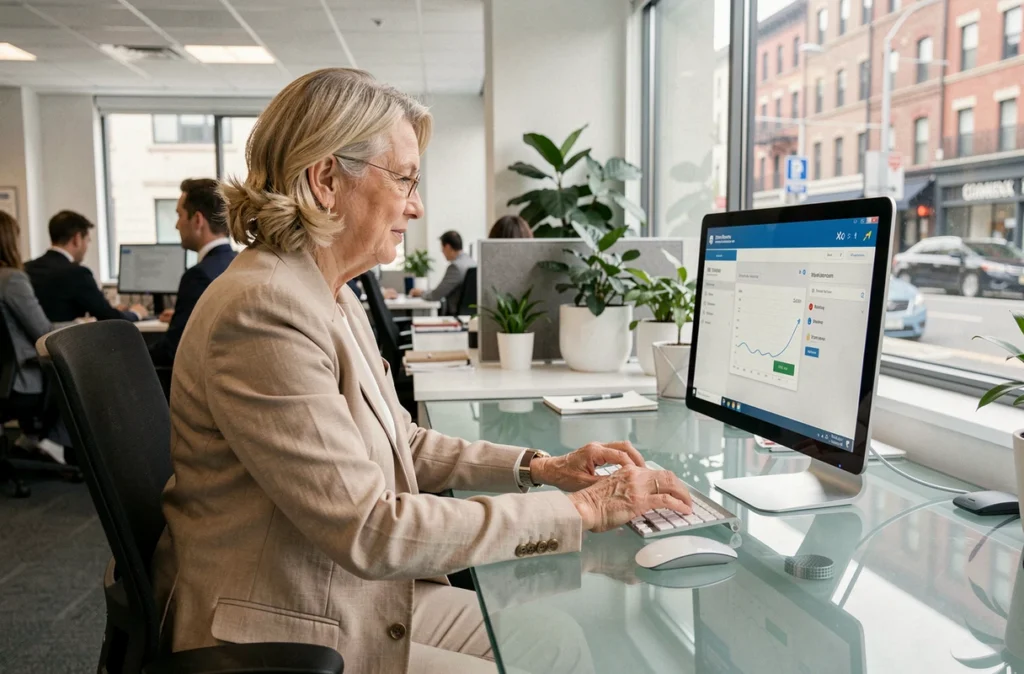 Femme d'affaires accédant à son espace bancaire en ligne sur un ordinateur de bureau dans un bureau professionnel