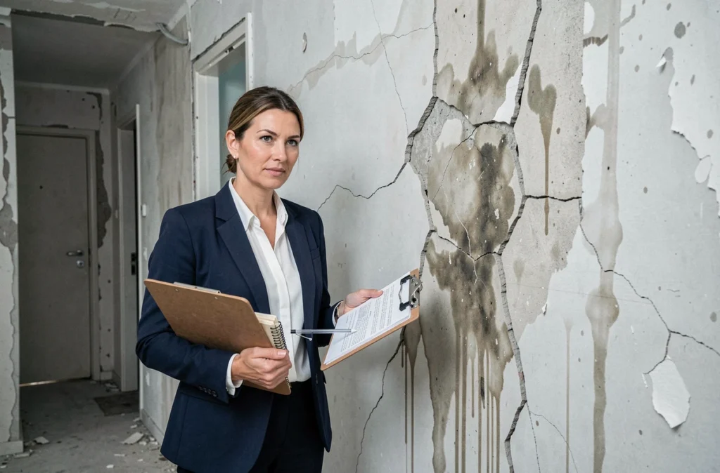 Une experte en bâtiment inspecte des fissures et dommages structurels sur un mur intérieur dans le cadre d'un litige d'assurance décennale