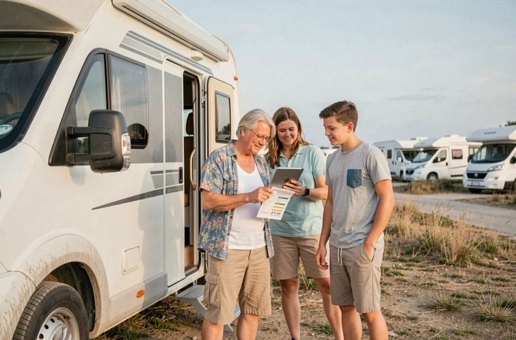 Famille comparant des assurances camping-car sur tablette devant leur véhicule au bord de la mer